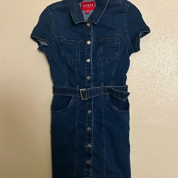 Guess Blue Denim Mini Dress with Polo Collar and Cap Sleeves
